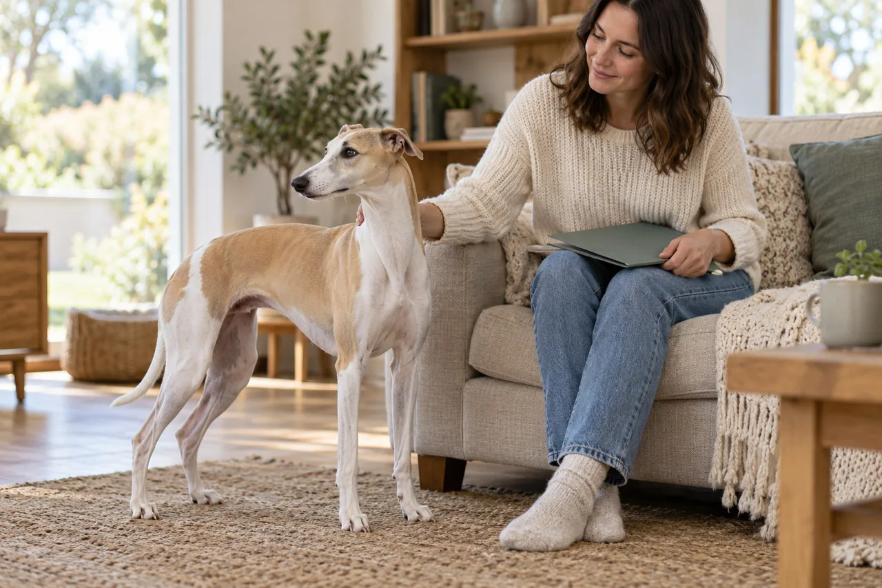 Owner relaxing with a slender dog at home
